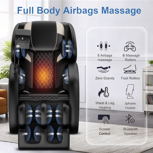 Full Body Massage Chair Recliner with Zero Gravity,  Leather Massage Chair with Air Pressure, 8 Massage Fix Rollers, Heating, Airbag, Bluetooth, Retractable Footrest for Relaxion, Brown+Black